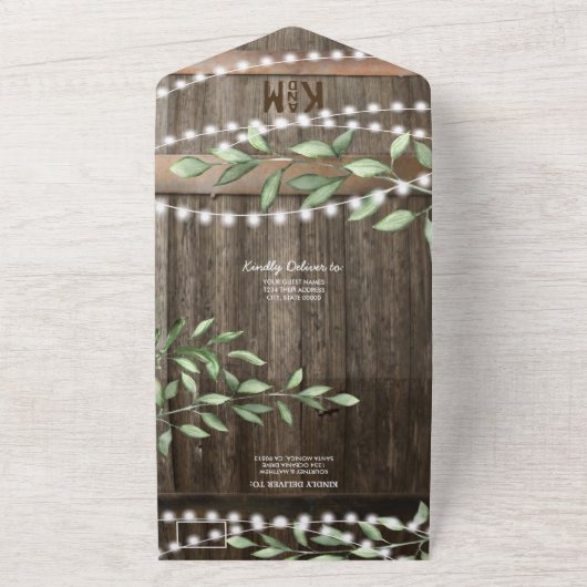 予算に優しいラスティックグリーンウェディング オールインワン招待状 (外側)