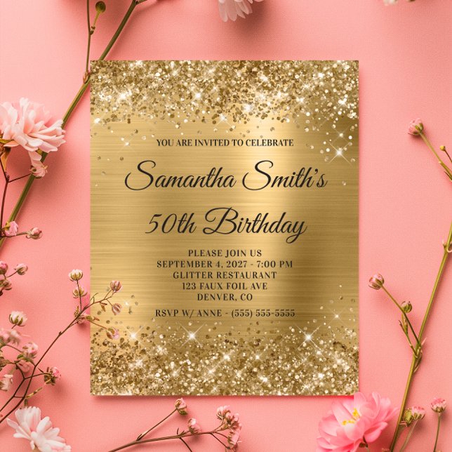 予算に優しいラメ入りゴールドモノグラム50歳の誕生日招待状 (Budget Glittery Gold Monogram 50th Birthday Invite)