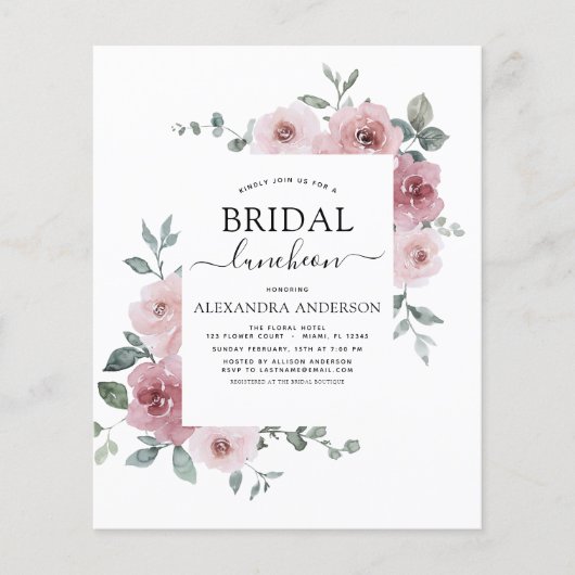 予算に優しいランチョン ダスティ ローズ ピンクのブライダル シャワー チラシ (正面)