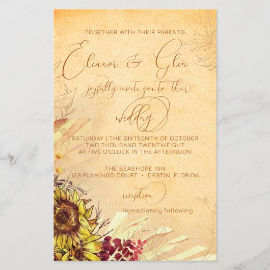 予算に優しいルースチックボヘミアンスタイルのひまわりウェディング (正面)