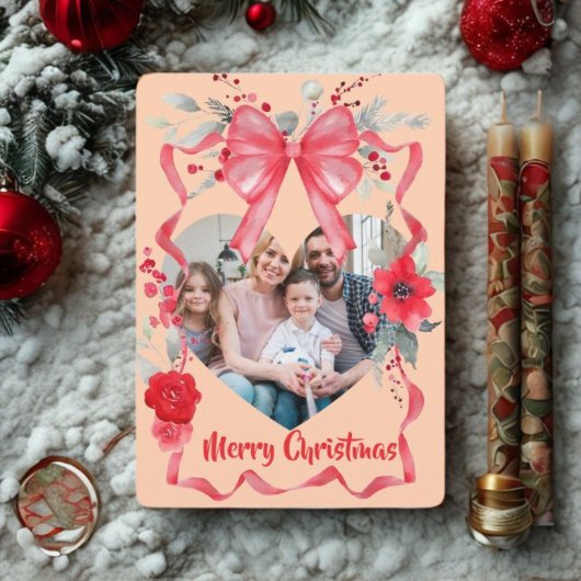予算に優しい上品な赤いリボンのクリスマス4枚の写真 シーズンカード