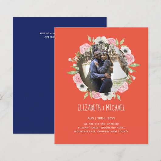 予算に優しい写真 ウェディング 招待状 - 花のリース (正面/裏面)