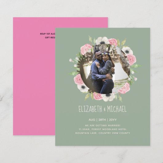 予算に優しい写真 ウェディング 招待状 - 花のリース (正面/裏面)