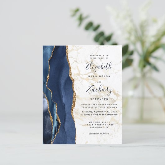 予算に優しい青い瑪瑙ゴールド大理石の結婚式の招待状 (スタンド正面)