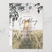 予算に優しい黒薔薇の写真オーバーレイ結婚式招待状 招待状 (正面/裏面)