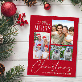 予算に優しい3枚の写真のメリークリスマス赤いホリデーカード