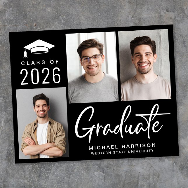 予算に優しい3枚の写真 黒い卒業発表 (Cherish the milestone: share your graduate's achievement with a custom photo graduation announcement)