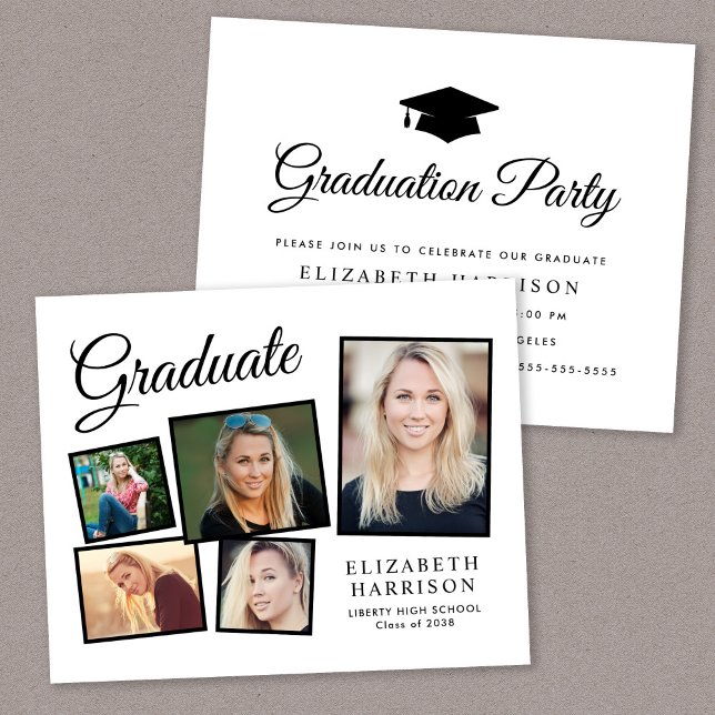 予算に優しい5枚の写真を使った卒業パーティーの招待状 (A personalized photo graduation party invitation to celebrate the graduate's achievements)