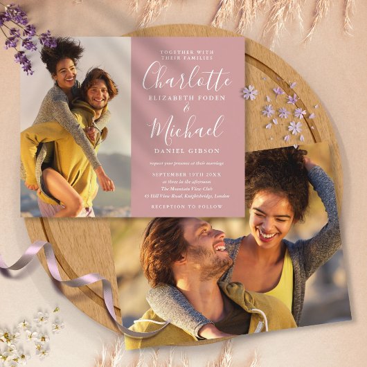 予算に優しい エレガント ダスティーローズ フォト ウェディング 招待状