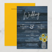 予算に優しい カントリーウェディング 青と黄色のひまわり招待状 (正面/裏面)