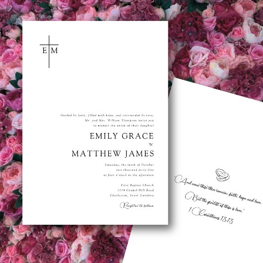 予算に優しい　キリスト教　イニシャル入り　クロス　モダン　ミニマル 招待状