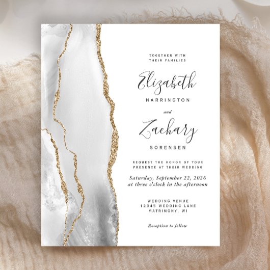 予算に優しい グレー ホワイト ゴールド アゲート 結婚式招待状