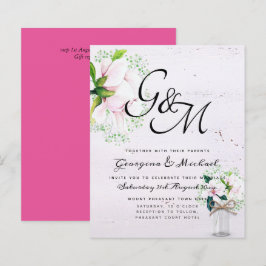 予算に優しい シャビーなピンクのマグノリアがおしゃれな ウェディングの招待状