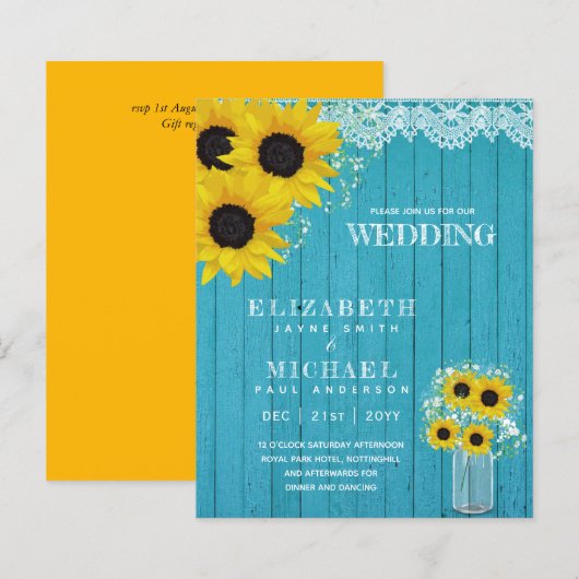 予算に優しい！シンプルなひまわりとスターチスを使ったウェディング招待状 (正面/裏面)