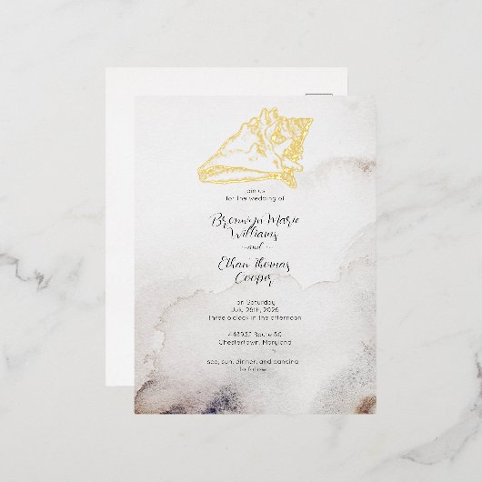 予算に優しい シンプルな貝殻 砂浜ビーチ 箔招待状ポストカード (正面/裏面)