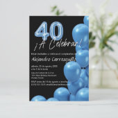 予算に優しい スペイン語 青い風船と黒の40歳の誕生日 招待状 (スタンド正面)