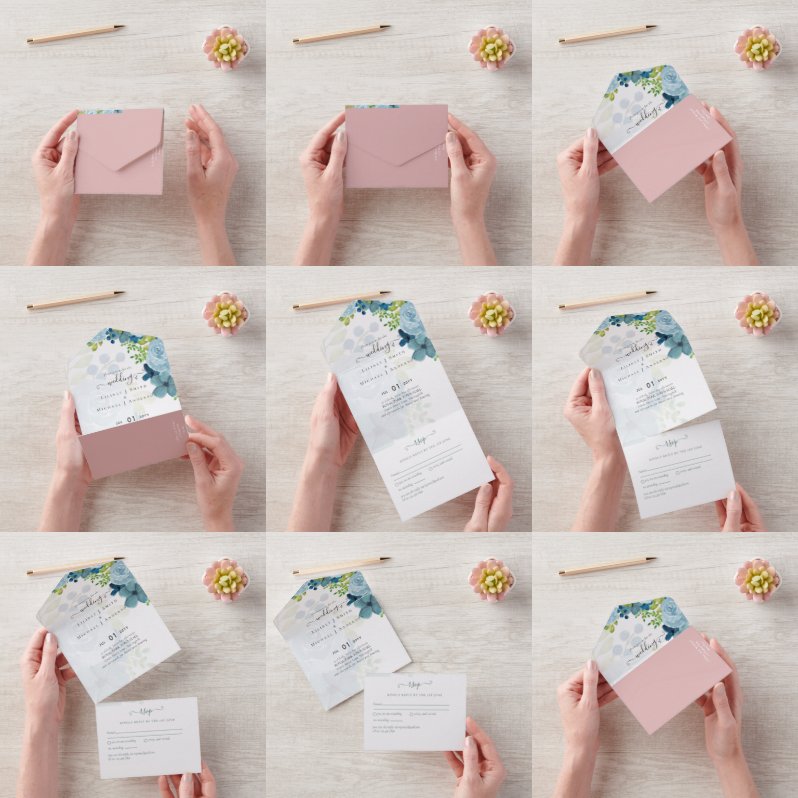 予算に優しい ダスティーブルー フラワー セージ ウェディング オールインワン招待状