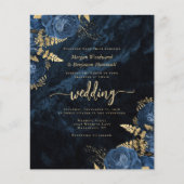 予算に優しい ネイビー ゴールド フラワー QRコード ウェディング 招待状 (正面)
