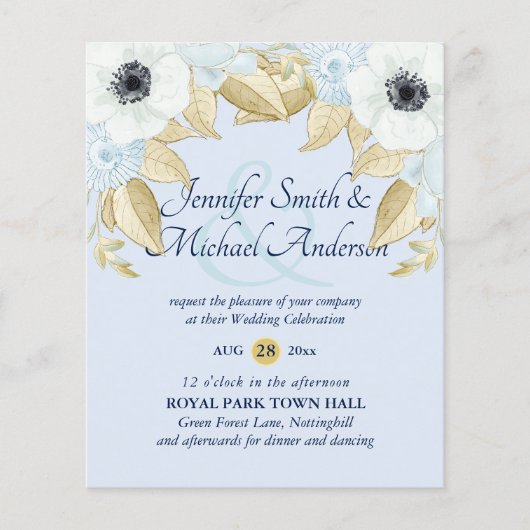 予算に優しい ネイビー ブルー ホワイト アネモネ ウェディング 招待状 (正面)