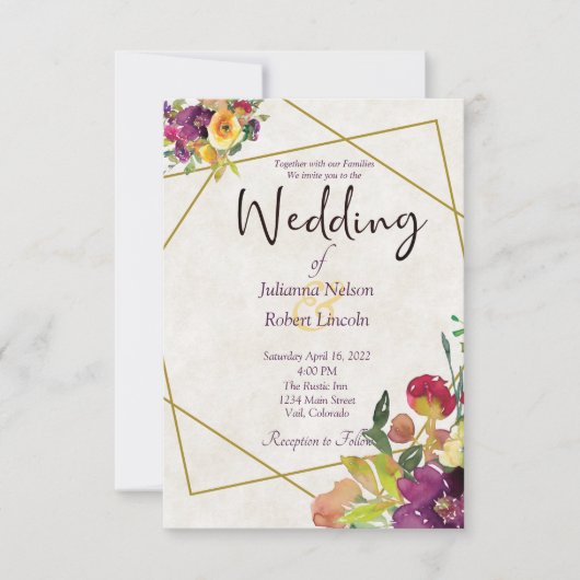 予算に優しい バーガンディと黄色の花の結婚式 招待状 (正面)