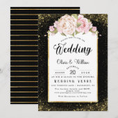 予算に優しい フローラル フォイル グリッター ゴールド ダスティ ローズ ウェディング 招待状 (正面/裏面)