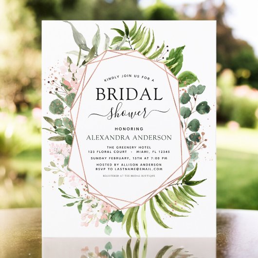 予算に優しい ブライダルシャワーの グリーンと ローズゴールドの招待状
