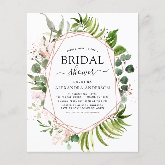 予算に優しい ブライダルシャワーの グリーンと ローズゴールドの招待状 (正面)