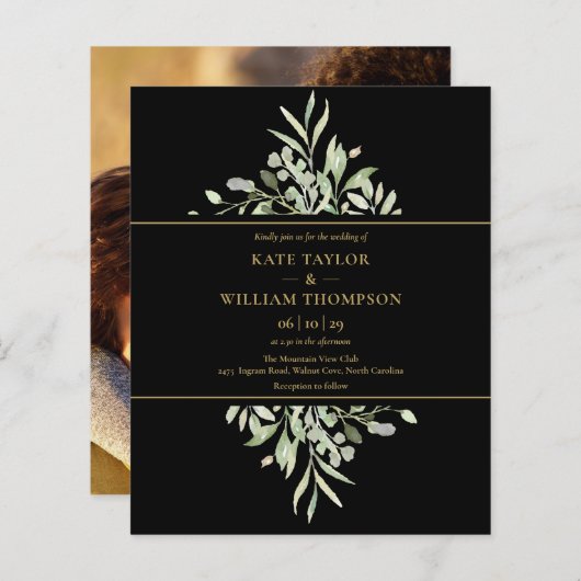予算に優しい ブラック ゴールド グリーンレース ウェディング フォト 招待状 (正面/裏面)