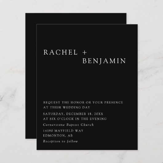 予算に優しい ミニマル エレガントな結婚式 黒背景 (正面/裏面)