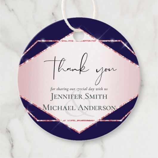 予算に優しい ローズゴールドの箔押しのような 幾何学的なデザインのウェディング フェイバータグ (正面)