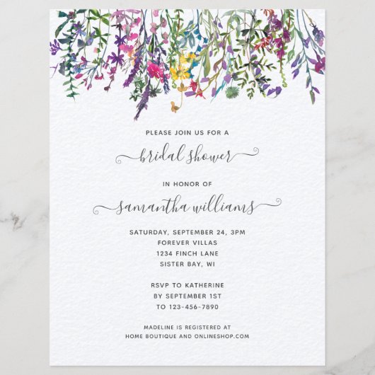 予算に優しい ワイルドフラワーの花の ブライダルシャワーの招待状 チラシ (正面)