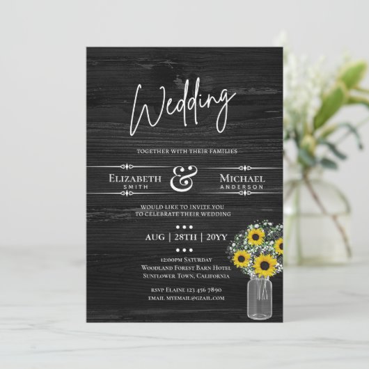 予算に優しい　田舎風ウェディング　ブラックとイエローのひまわり招待状 (スタンド正面)