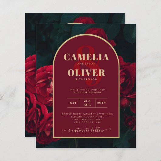 予算に優しい 赤いバラ 冬の結婚式 招待状 (正面/裏面)