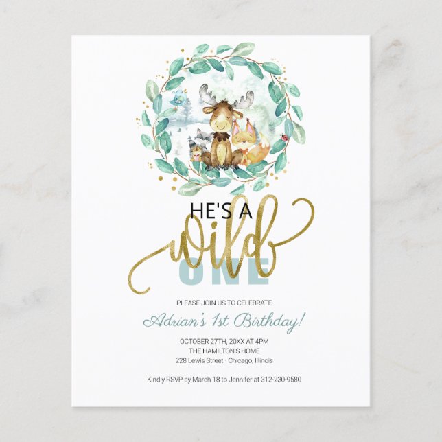 予算に合った「He's A Wild One」1歳の誕生日招待状 (正面)