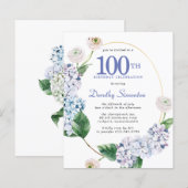 予算に合わせたアジサイとバラの100歳の誕生日招待状 (正面/裏面)