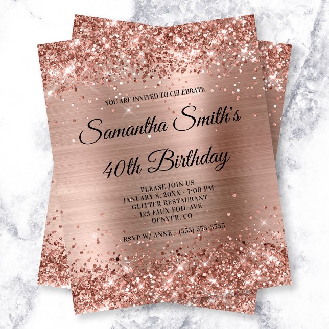 予算に合わせたスパンコールのローズゴールド箔誕生日招待状 (Glittery Rose Gold Glam Birthday Budget Invite)