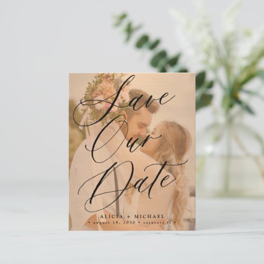 予算のエレガントスクリプト写真の結婚式の日付を保存 (スタンド正面)