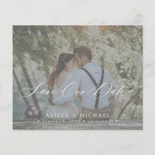 予算のエレガントスクリプト写真の結婚式の日付を保存 (正面)