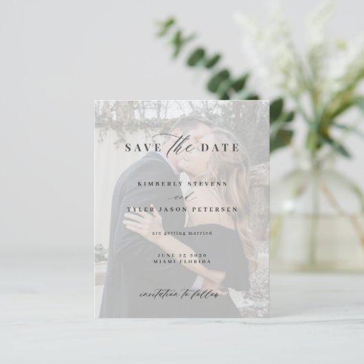 予算のエレガントスクリプト写真の結婚式の日付を保存 (スタンド正面)