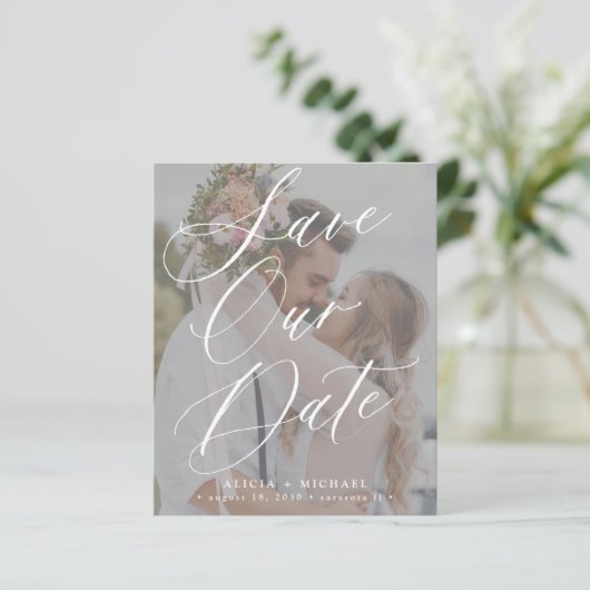 予算のエレガントスクリプト写真の結婚式の日付を保存 (スタンド正面)