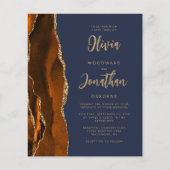 予算のゲート燃えオレンジ色のネイビーブルーウェディング招待 (正面)