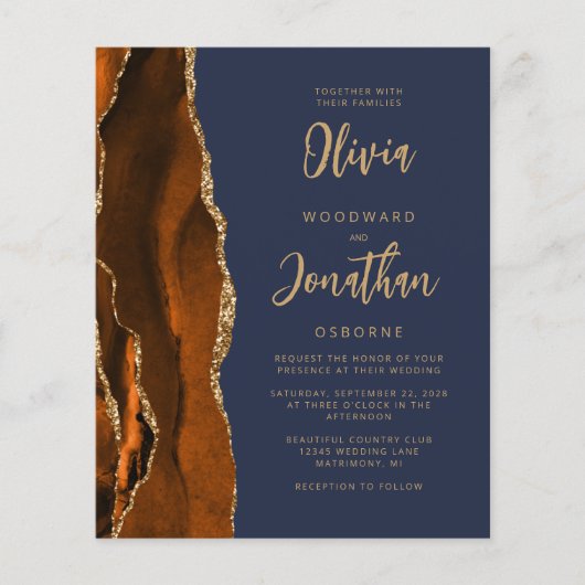 予算のゲート燃えオレンジ色のネイビーブルーウェディング招待 (正面)