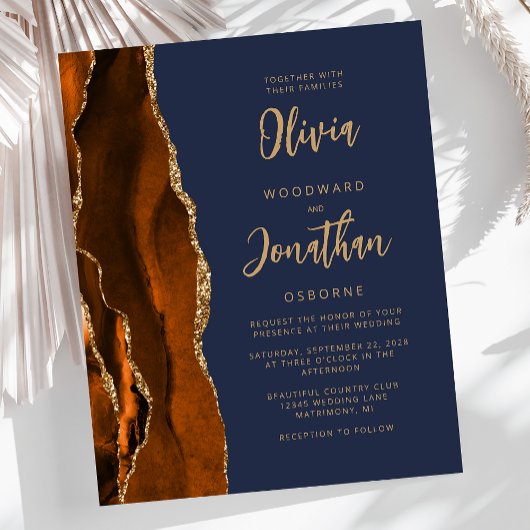 予算のゲート燃えオレンジ色のネイビーブルーウェディング招待