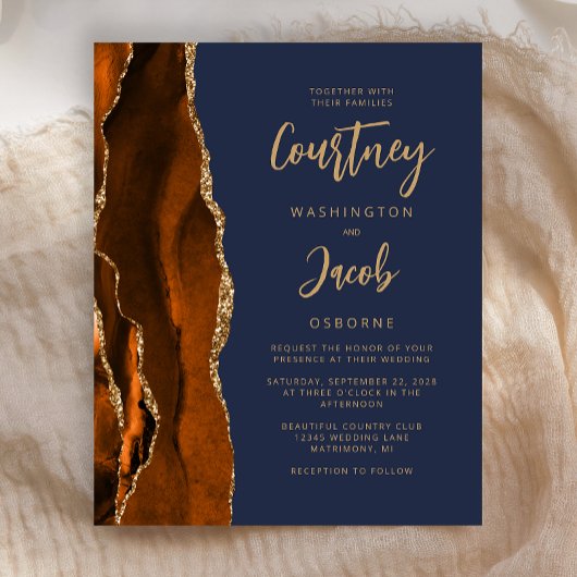 予算のゲート燃えオレンジ色のネイビーブルーウェディング招待