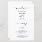 予算のダークネイビーと白いエレガントな結婚式プログラム (正面/裏面)