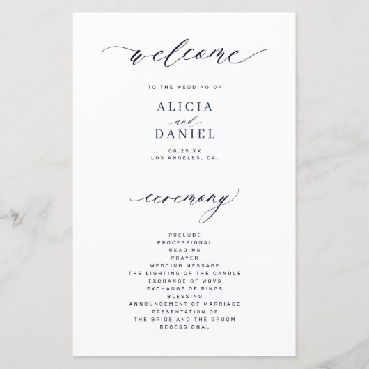 予算のダークネイビーと白いエレガントな結婚式プログラム (正面)