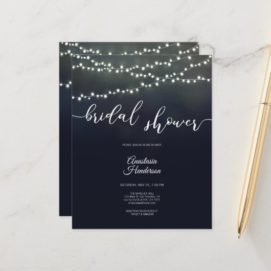 予算のブライダルシャワー招待状。招待状 (正面/裏面インサイチュ)