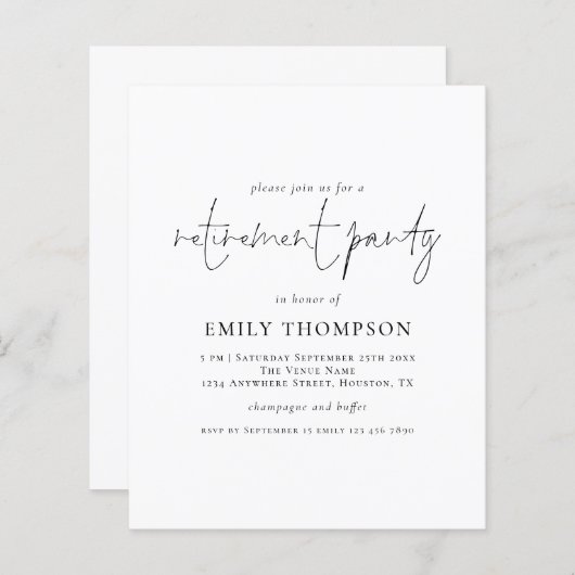 予算のミニマリストスクリプトの除・売却パーティー招待状 (正面/裏面)