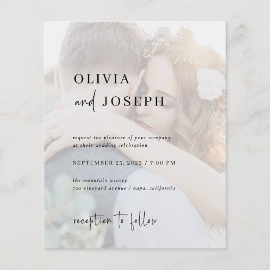 予算のミニマル化 | 2枚のフォト結婚式招待状 チラシ (正面)