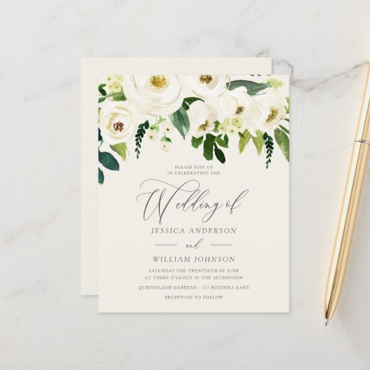 予算の上に白いバラの緑の葉結婚の (正面/裏面インサイチュ)